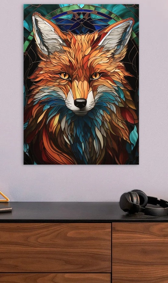 Stained Glass Fox Portrait — metal poster wall art by Lineer